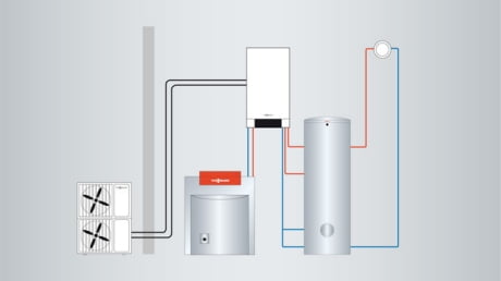 Schemat instalacji z Vitocal 250-S i modułem zewnętrznym, kotłem olejowym lub gazowym i zasobnikiem ciepłej wody użytkowej