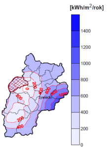 Potencjał techniczny energii wiatru na wysokości 60 metrów, zakreskowano teren gminy Lipowa. Źródło: opracowanie własne na podstawie Bujakowski i in. 2005.