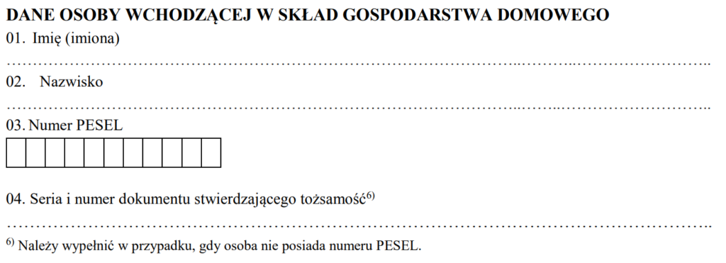 Wniosek o wypłatę dodatku węglowego - dane osoby wchodzącej w skład gospodarstwa domowego.
Źródło: orka.sejm.gov.pl