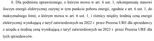 Art. 11. ust. 6. ustawy o szczególnych rozwiązaniach służących ochronie odbiorców energii elektrycznej w 2023 roku w związku z sytuacją na rynku energii elektrycznej.Źródło: www.sejm.gov.pl