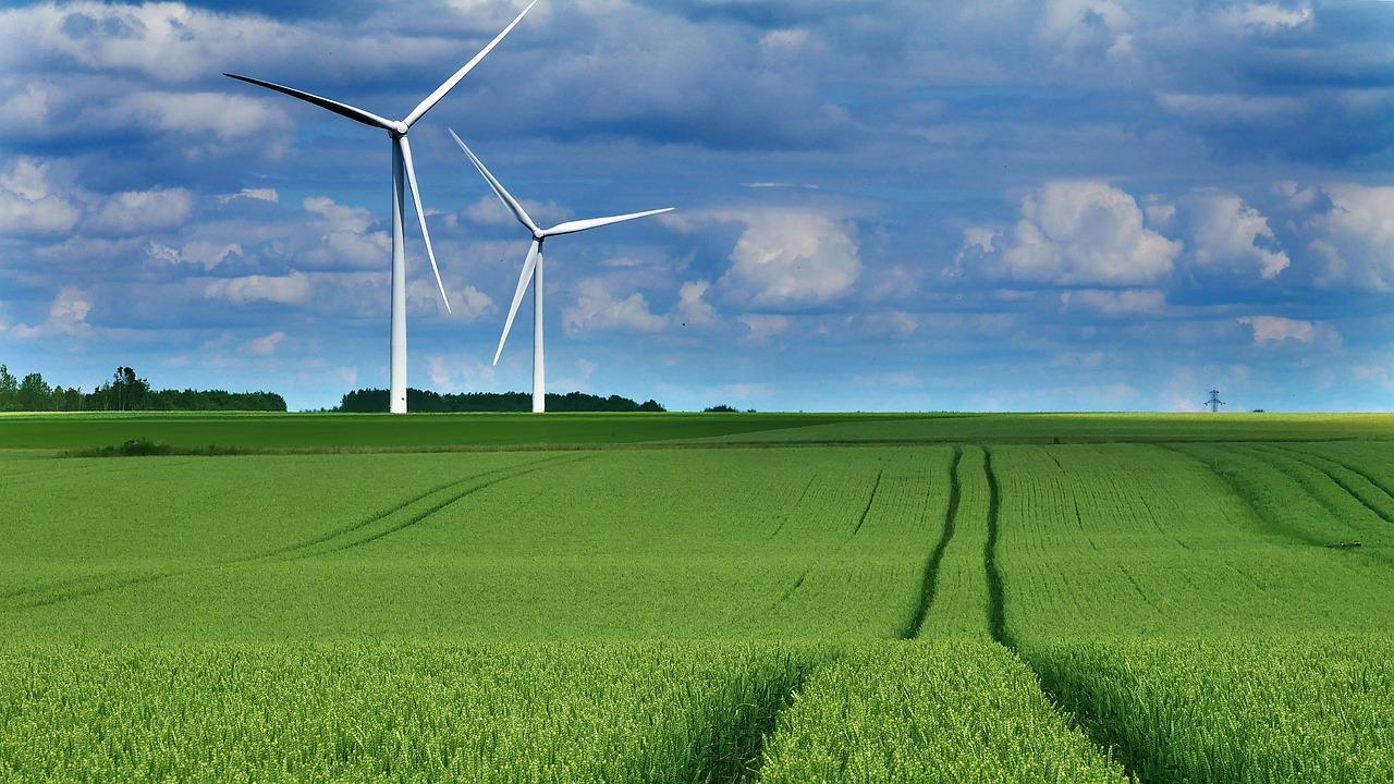 widok na turbiny wiatrowe pracujące na polu