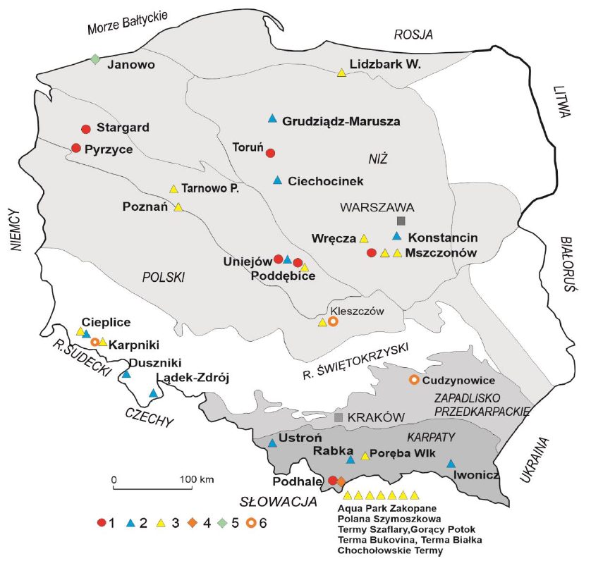 Instalacje geotermalne pracujące w Polsce w 2022 r. (Kępińska, 2023) 1 – systemy ciepłownicze c.o., 2 – uzdrowiska, 3 – ośrodki rekreacyjne, 4 – suszenie drewna, 5 – hodowla ryb, 6 – indywidualne instalacje grzewcze