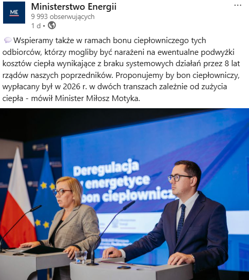 Ministerstwo Energii, wpis o bonie ciepłowniczym na LinkedIn